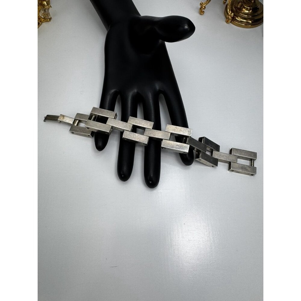 Sterling Silver Art Deco Revival Geometric Link Bracelet Vintage Circa 1970s 7” - Picture 7 of 10